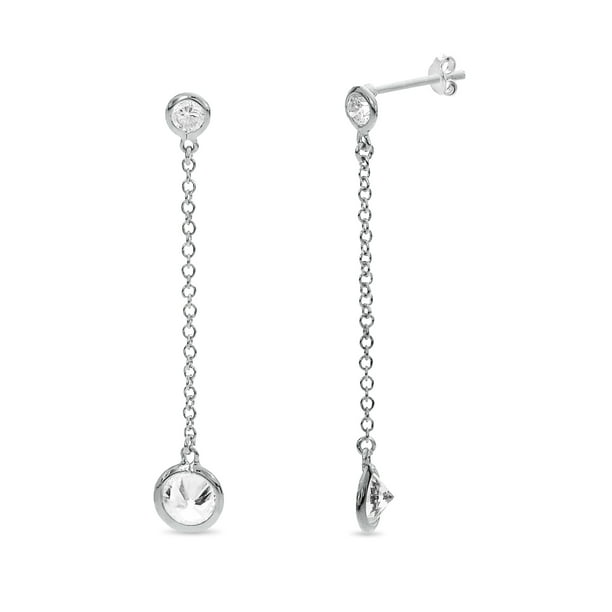 Sterling Silver Cubic Zirconia Bar with Chains Dangle Earrings 